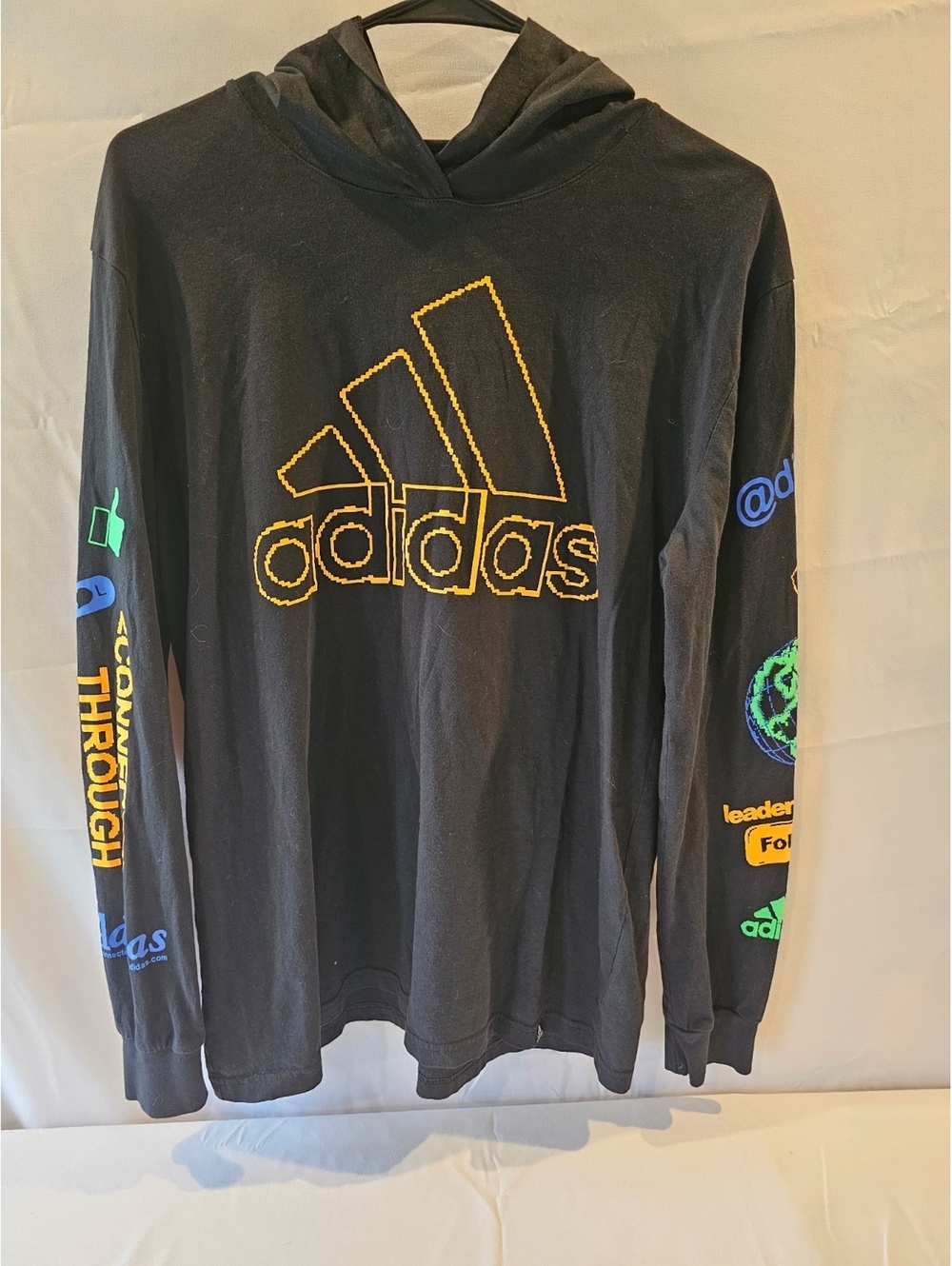 Adidas Black Long Sleeve Hoodie with Colorful Sleeve Prints XL